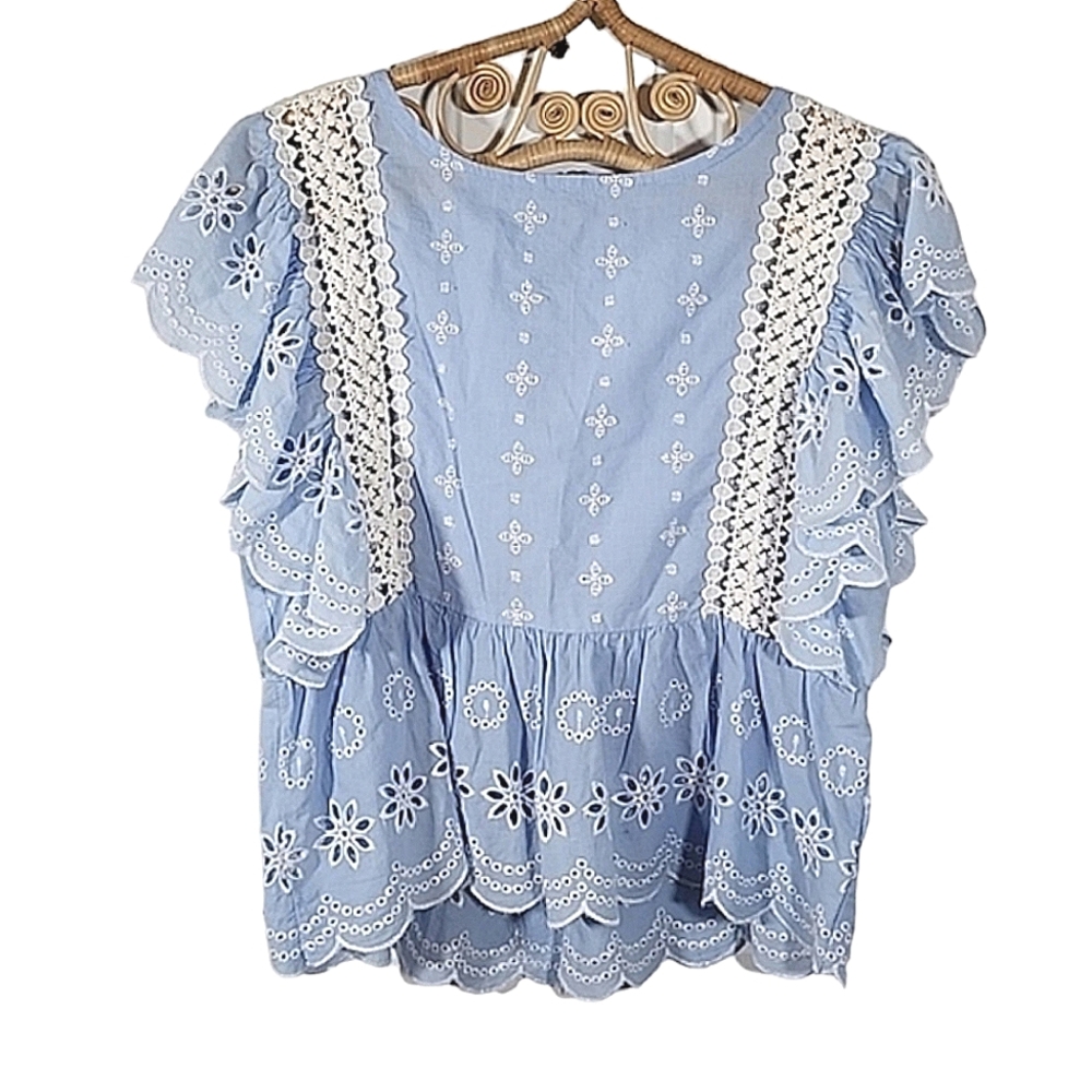 Light Blue Eyelet Lace Ruffled Peasant Top